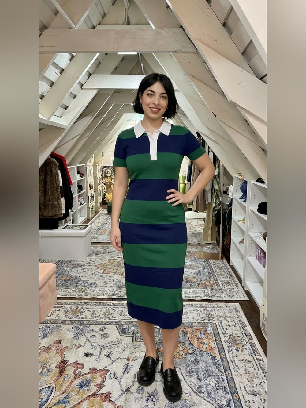 ​Active USA Striped Knit Polo Midi Dress - Navy & Green Preppy Collared Sheath - Picture 11 of 15